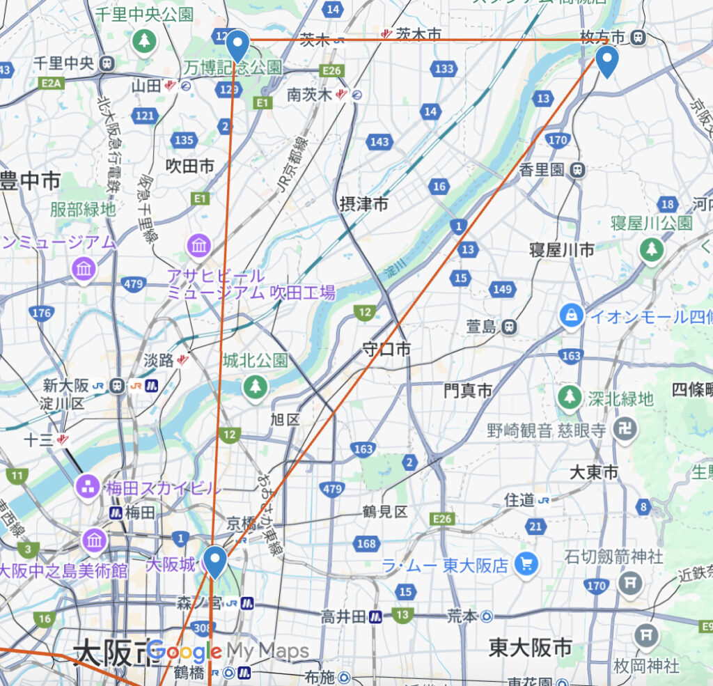 大阪城から北側の飛行ルート拡大図
