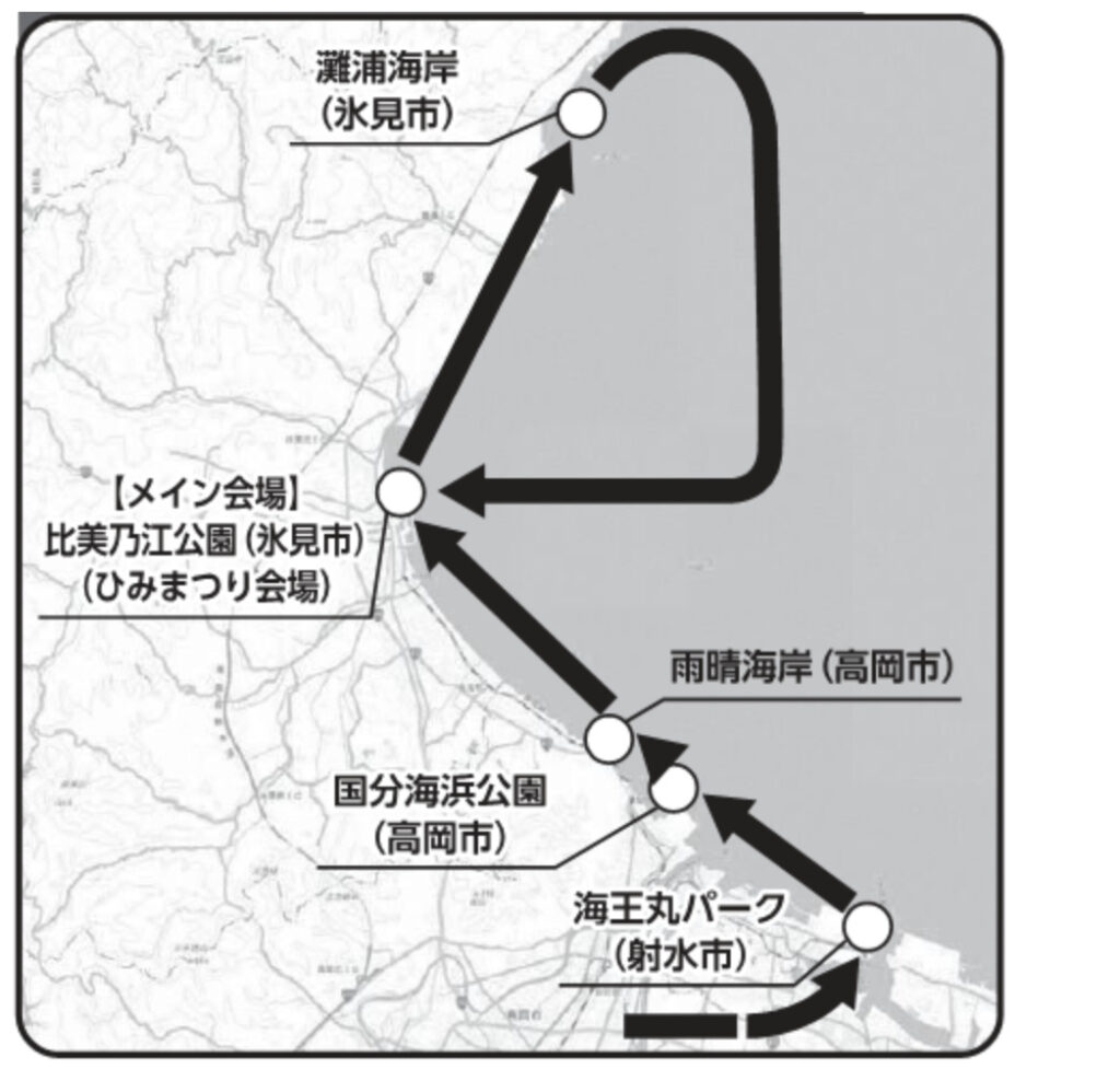 ひみまつりで予定されているブルーインパルスの飛行ルート。