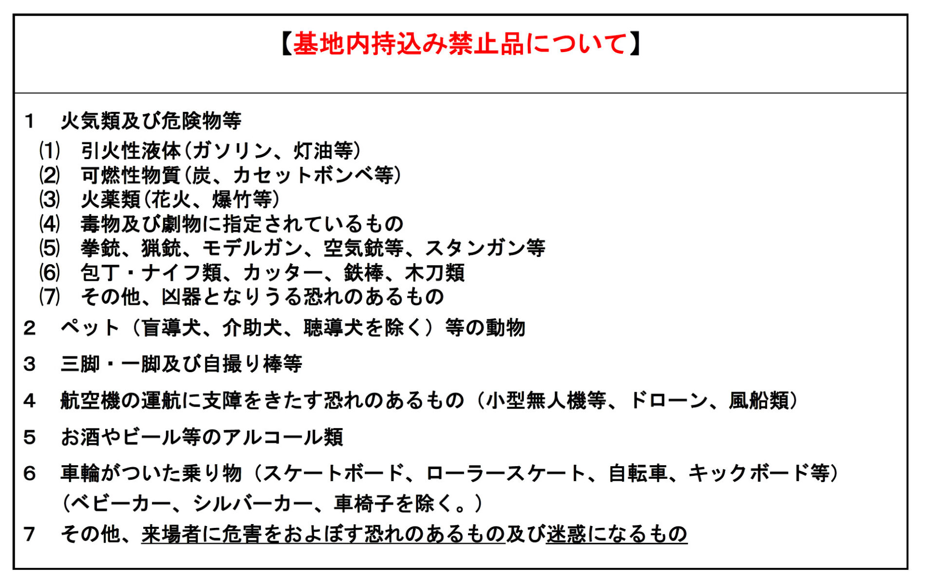 持ち込み禁止品一覧。