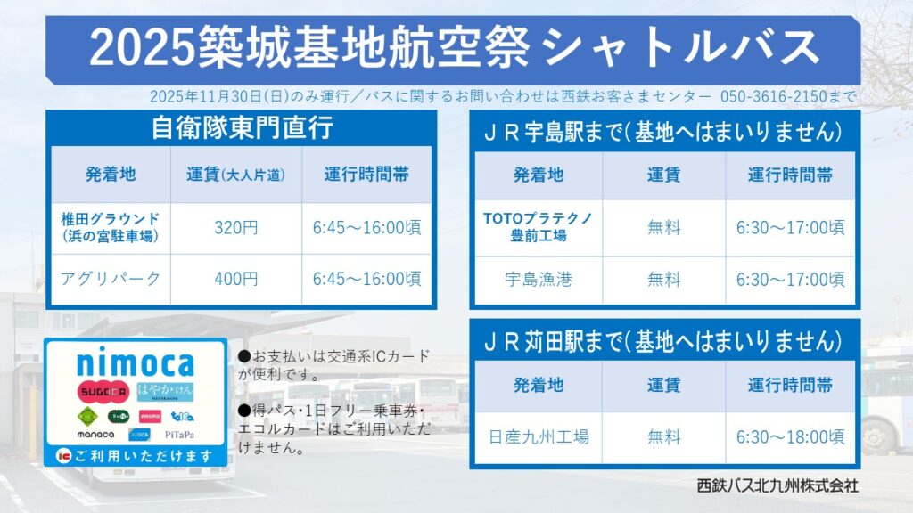 築城基地航空祭シャトルバスの一覧。