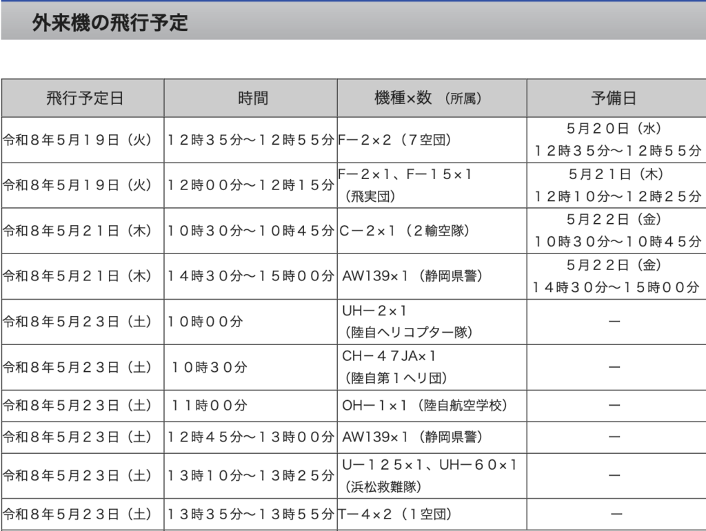 航空祭事前訓練などのスケジュール。