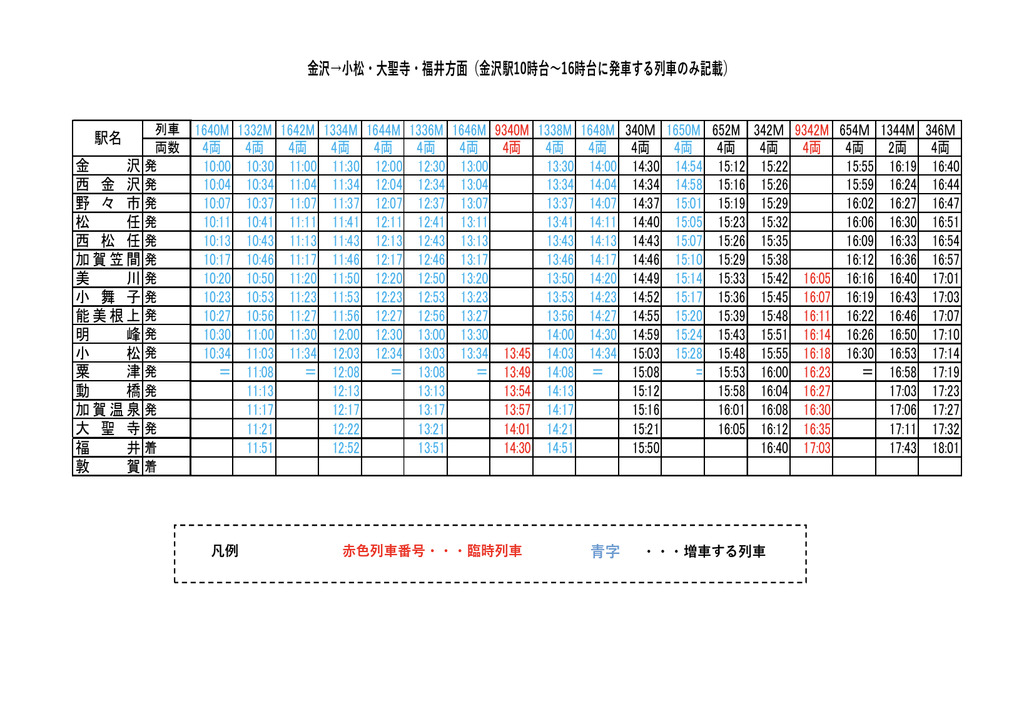 小松基地航空祭で運行される臨時列車入りの時刻表。(その2)